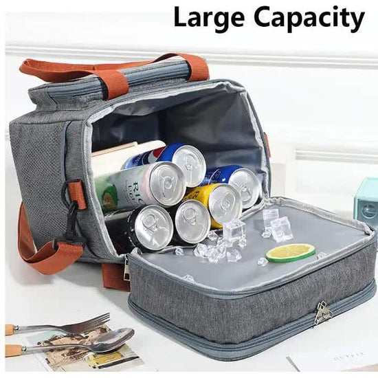 Black Large Capacity Lunch Bag - Dual-Layer Insulated Cooler Bag for Outdoor, Picnic, and Work Use