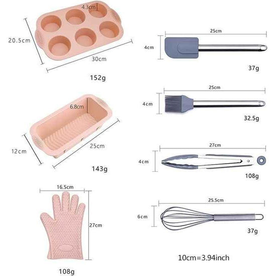 Pink 7-Piece Silicone Bakeware Set with Whisk, Spatula, Brush, Gloves, and Cake Molds for Home Baking