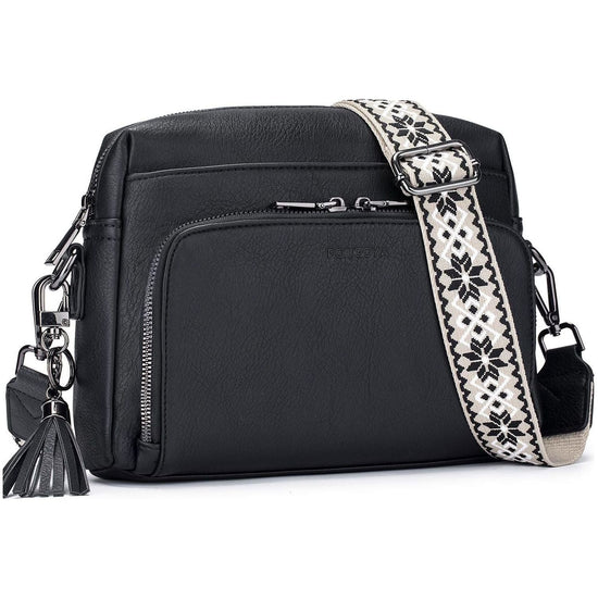 Black Vintage Multi-Zip Crossbody Bag with Card Slots and Adjustable Strap, Minimalist Solid Color Shoulder Bag