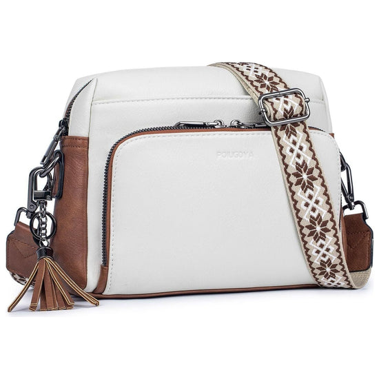 White Vintage Multi-Zip Crossbody Bag with Card Slots and Adjustable Strap, Minimalist Solid Color Shoulder Bag
