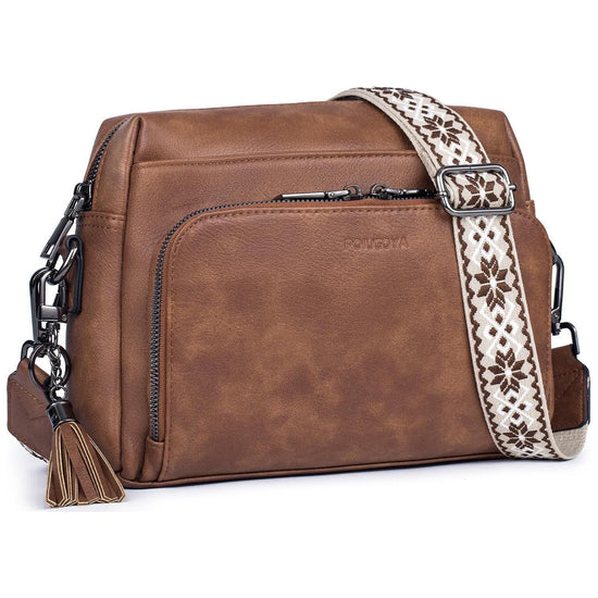 Brown Vintage Multi-Zip Crossbody Bag with Card Slots and Adjustable Strap, Minimalist Solid Color Shoulder Bag
