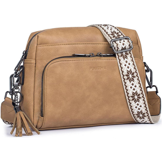Light Tan Vintage Multi-Zip Crossbody Bag with Card Slots and Adjustable Strap, Minimalist Solid Color Shoulder Bag