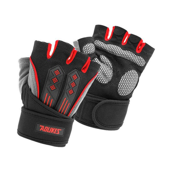 L Red Fingerless Workout Gloves with Wrist Support - Non-Slip, Breathable Gym Gloves for Weightlifting and Cycling