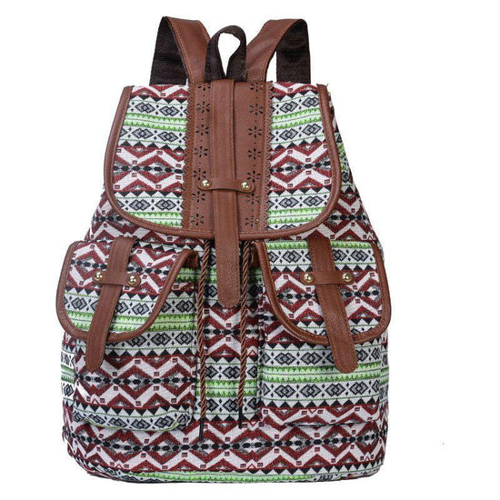 Green Bohemian Style Canvas Backpack - Vintage Tribal Pattern Travel Bag with Leather Straps