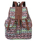 Green Bohemian Style Canvas Backpack - Vintage Tribal Pattern Travel Bag with Leather Straps