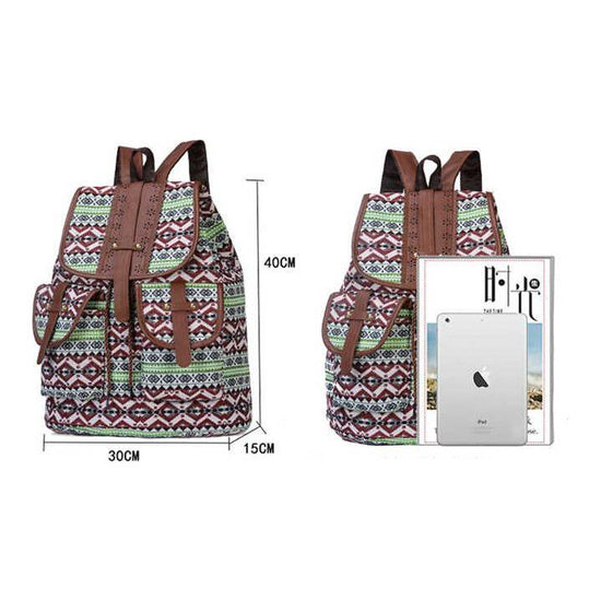 Green Bohemian Style Canvas Backpack - Vintage Tribal Pattern Travel Bag with Leather Straps
