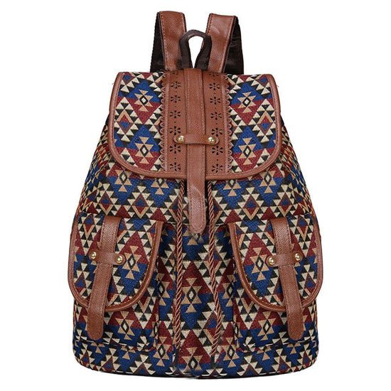 Lozenge Pattern Bohemian Style Canvas Backpack - Vintage Tribal Pattern Travel Bag with Leather Straps