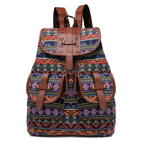 Diamond Pattern Bohemian Style Canvas Backpack - Vintage Tribal Pattern Travel Bag with Leather Straps