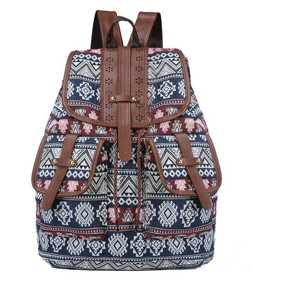 Bohemian Style Canvas Backpack - Vintage Tribal Pattern Travel Bag with Leather Straps