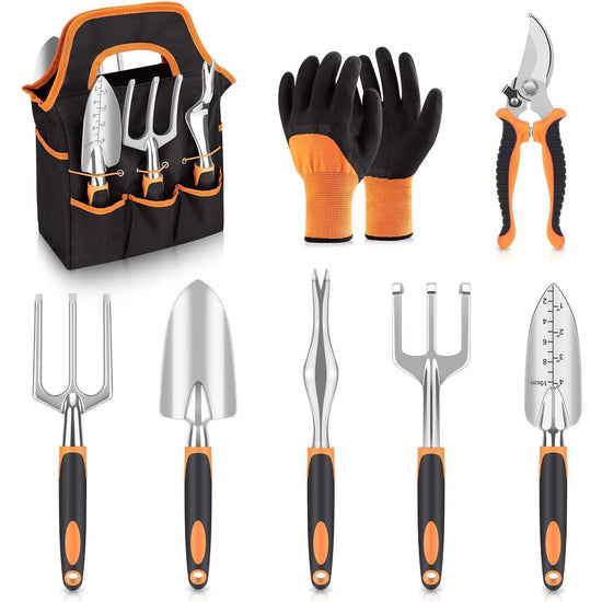 Orange 8-Piece Heavy-Duty Gardening Tool Set with Ergonomic Handles and Storage Bag