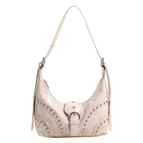 White Vintage Studded PU Leather Shoulder Bag with Adjustable Strap