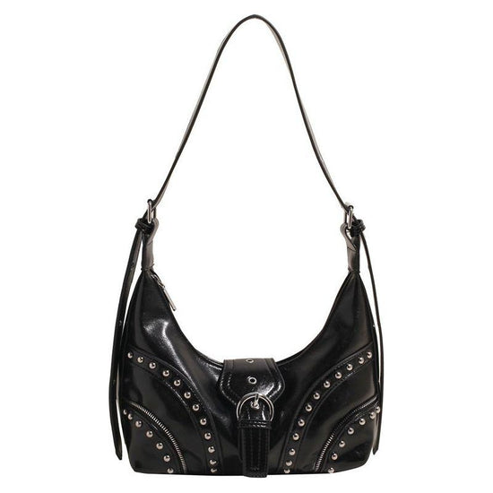 Black Vintage Studded PU Leather Shoulder Bag with Adjustable Strap