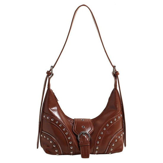 Brown Vintage Studded PU Leather Shoulder Bag with Adjustable Strap