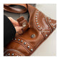 Brown Vintage Studded PU Leather Shoulder Bag with Adjustable Strap
