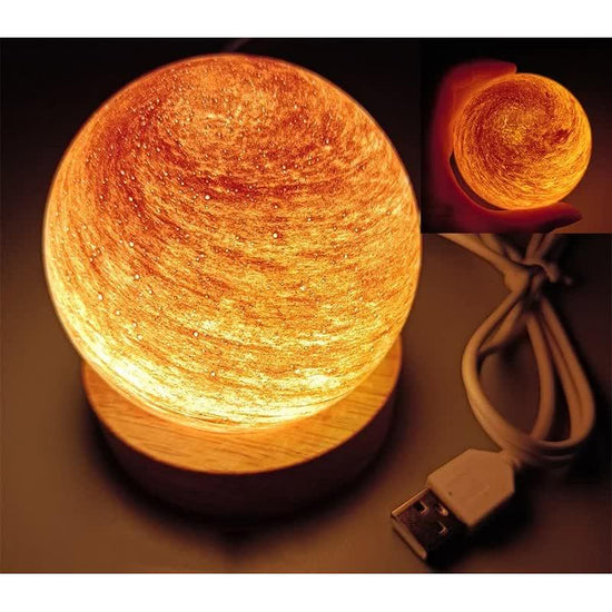 Morning Glow LED Planet Night Light with Wooden Base, USB Rechargeable