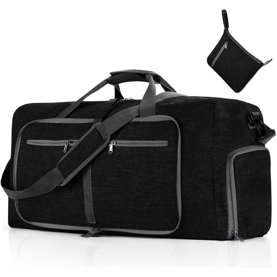 Black Large Foldable Travel Duffel Bag with Shoe Compartment and Carry Pouch - Lightweight, Durable, and Spacious