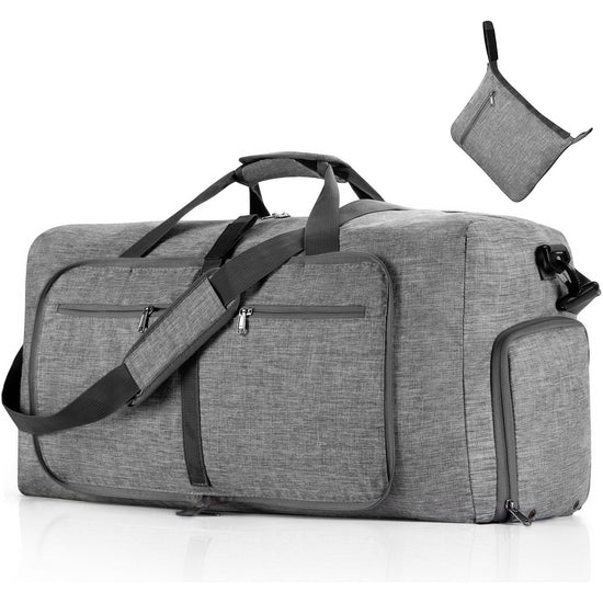 Grey Large Foldable Travel Duffel Bag with Shoe Compartment and Carry Pouch - Lightweight, Durable, and Spacious