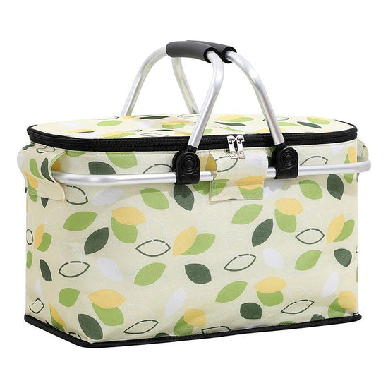 Green Leaves Portable Aluminum Foil Insulated Picnic Basket with Zipper Lid, 40x20x23cm