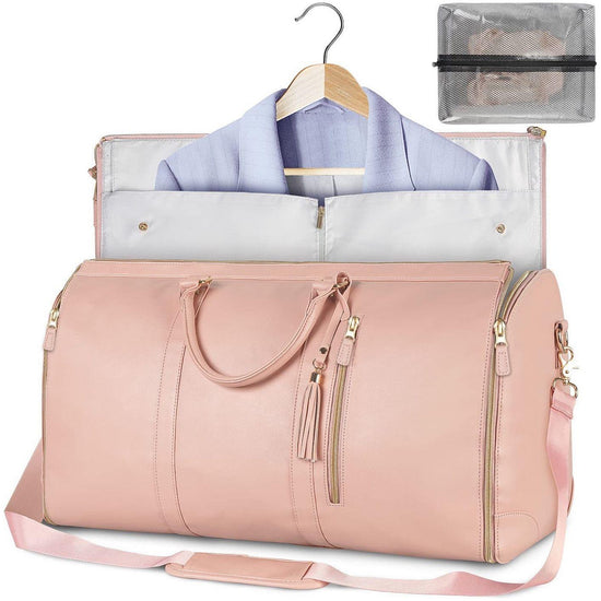 Pink Convertible Garment Duffel Bag with Leather Accents - Travel Weekender Bag for Suits and Dresses
