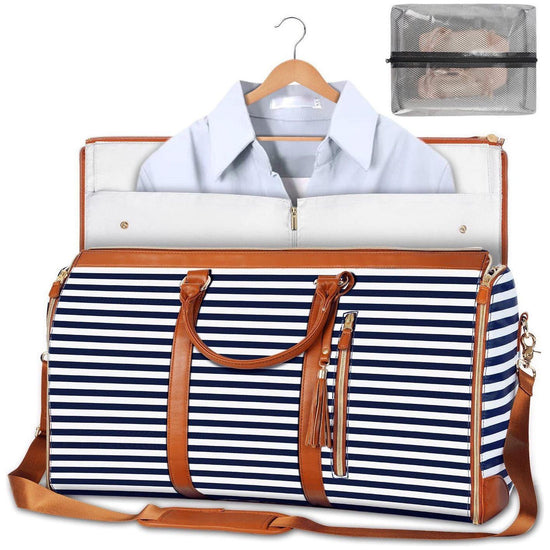Blue Stripe Convertible Garment Duffel Bag with Leather Accents - Travel Weekender Bag for Suits and Dresses