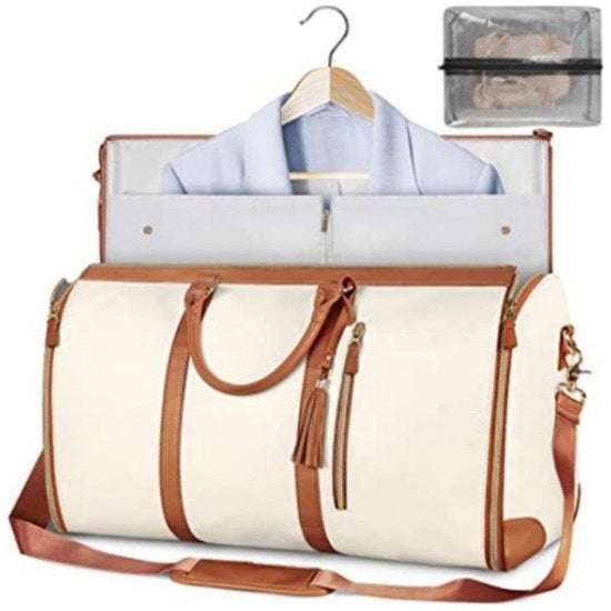 Beige Convertible Garment Duffel Bag with Leather Accents - Travel Weekender Bag for Suits and Dresses