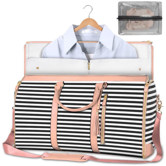 Black Stripe Convertible Garment Duffel Bag with Leather Accents - Travel Weekender Bag for Suits and Dresses