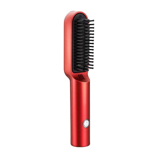 Red Wireless 2-in-1 Ceramic Hair Straightener & Curler - Portable Travel Hot Comb, Rechargeable Hair Styling Tool