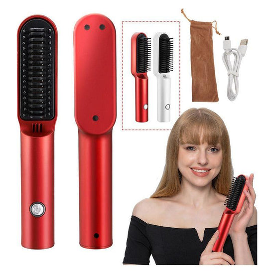 Red Wireless 2-in-1 Ceramic Hair Straightener & Curler - Portable Travel Hot Comb, Rechargeable Hair Styling Tool