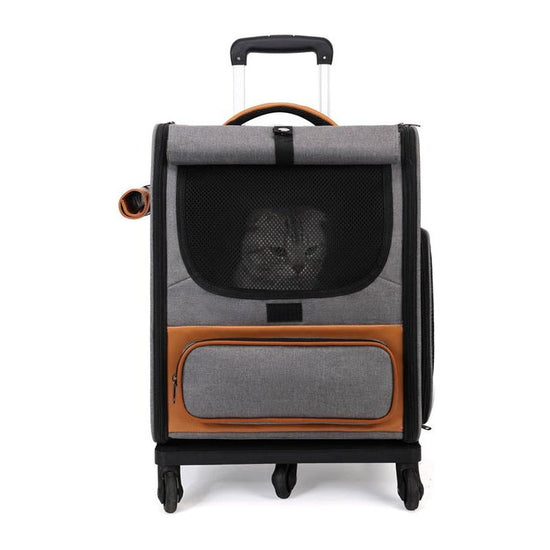 Grey Large Capacity Breathable Foldable Pet Trolley – Travel Cat Carrier with Wheels, Portable, Spacious, and Convenient for Two Cats