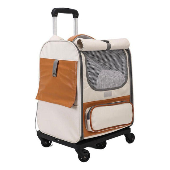Off-white Large Capacity Breathable Foldable Pet Trolley - Travel Cat Carrier with Wheels, Portable, Spacious, and Convenient for Two Cats