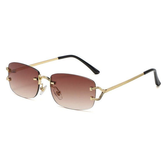 Light Brown Stylish Frameless Diamond-Cut Sunglasses with Metallic Temples - Trendy Line-Design Fashion Eyewear