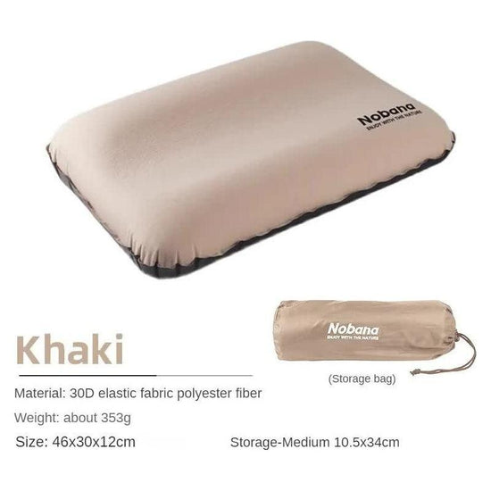 Khaki Automatic Inflatable 3D Outdoor Sponge Pillow - Portable Camping Travel Neck Cushion, Comfortable Air Mattress for Tent, Versatile Nap Pillow