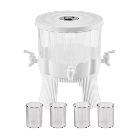 Water Bottle + 4 Cups Large Capacity Rotating Beverage Dispenser with Faucet, Multi-Compartment Refrigerator Water Jug for Juice, Tea, and Drinks