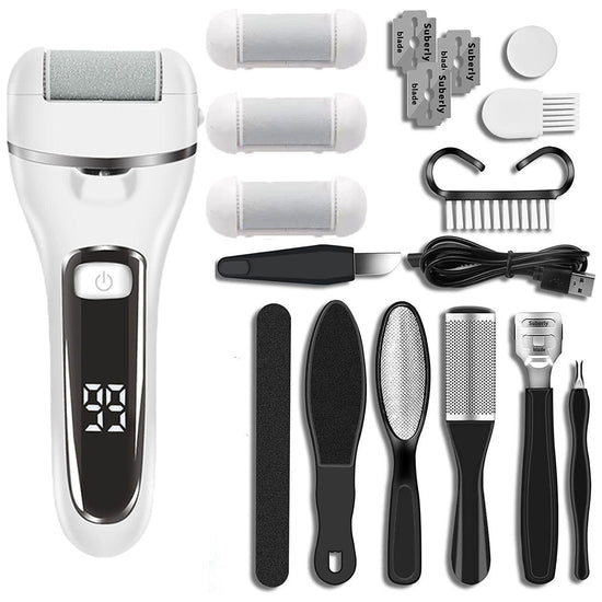 White 10 Pcs Suit Electric Foot Callus Remover with LCD Display | Waterproof Pedicure Set | Dual-Speed Dead Skin Exfoliator for Smooth Feet