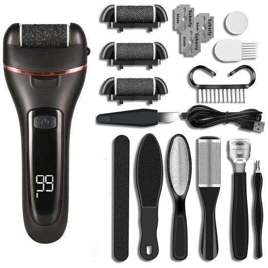 Black 10 Pcs Suit Electric Foot Callus Remover with LCD Display | Waterproof Pedicure Set | Dual-Speed Dead Skin Exfoliator for Smooth Feet