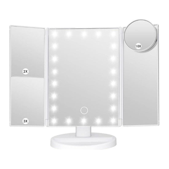 White Tri-Fold Lighted Makeup Mirror, 22 LED Vanity Mirror with 1X/2X/3X/10X Magnification, Portable Cosmetic Mirror