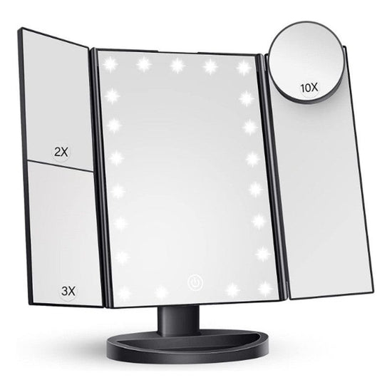 Black Tri-Fold Lighted Makeup Mirror, 22 LED Vanity Mirror with 1X/2X/3X/10X Magnification, Portable Cosmetic Mirror