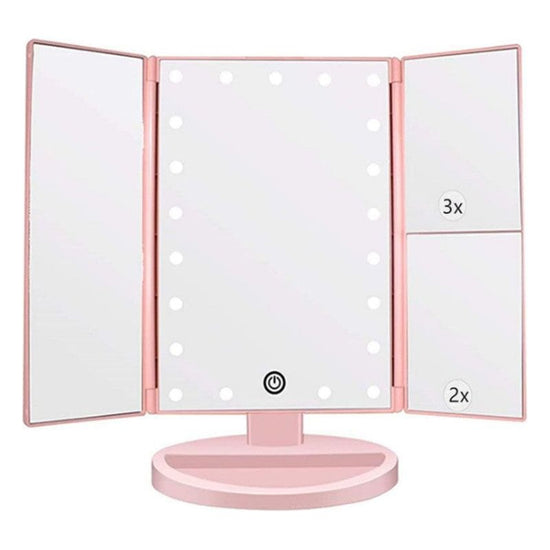 Pink Tri-Fold Lighted Makeup Mirror, 22 LED Vanity Mirror with 1X/2X/3X/10X Magnification, Portable Cosmetic Mirror