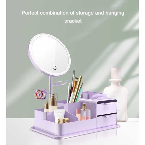 Purple LED Vanity Mirror with Storage, Rotating Makeup Mirror, USB Rechargeable Desktop Organizer