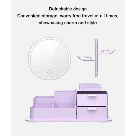 Purple LED Vanity Mirror with Storage, Rotating Makeup Mirror, USB Rechargeable Desktop Organizer