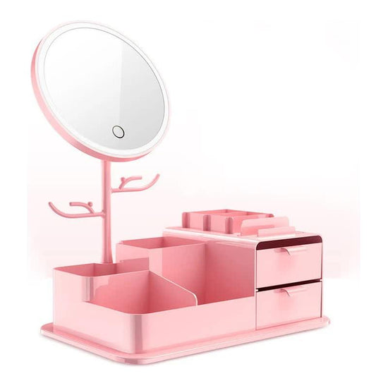 Pink LED Vanity Mirror with Storage, Rotating Makeup Mirror, USB Rechargeable Desktop Organizer