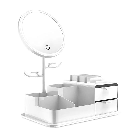 White LED Vanity Mirror with Storage, Rotating Makeup Mirror, USB Rechargeable Desktop Organizer