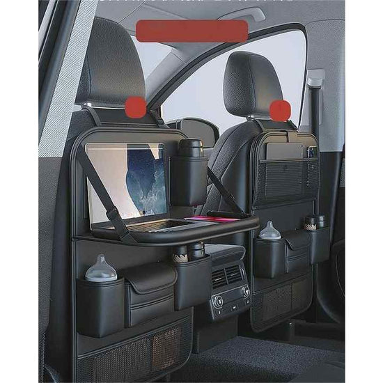 Black Car Seat Back Organizer with Foldable Tray, Leather Backseat Storage Bag, Multi-Pocket Vehicle Organizer