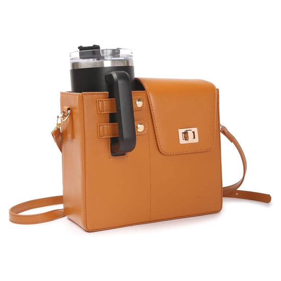 Brown Portable Beverage Bottle Cup Holder Bag | Trendy Crossbody Design for Daily Commute(No water cup)