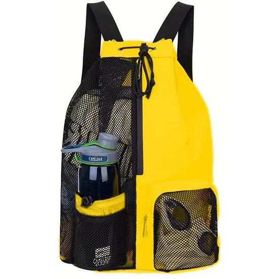 Yellow Mesh Drawstring Swim Backpack with Wet Pocket - Lightweight Beach, Gym, Outdoor Sports Bag - 245g