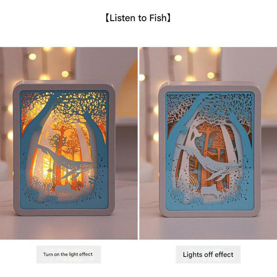 Listening To Fish Style 3D Paper Carving Night Light - USB Or Battery Powered Decorative Bedside Lamp | Atmosphere Lamp for Bedroom | Creative Starry Night and Little Prince Design Gift