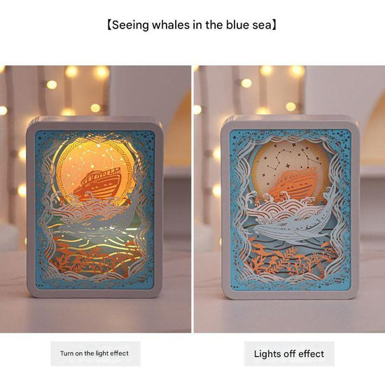 Whale Watching In The Blue Sea 3D Paper Carving Night Light - USB Or Battery Powered Decorative Bedside Lamp | Atmosphere Lamp for Bedroom | Creative Starry Night and Little Prince Design Gift