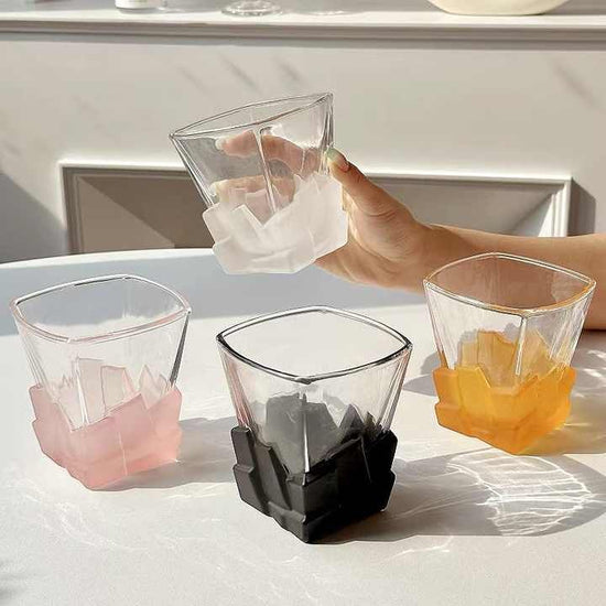 4 Pcs Pink Frosted Ice Cube Glass - Creative Whiskey Glass, Premium Textured Tumbler, 300ml Capacity for Home Bars