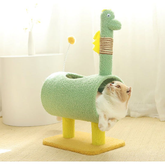 Green Dinosaur-Theme Cat Tree with Tunnel - Multi-Functional Cat Scratching Post and Playhouse