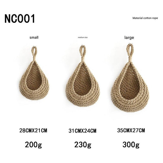 Khaki 3-Piece Wall-Mounted Cotton Rope Storage Baskets – Large, Medium, and Small Hand-Woven Fruit/Vegetable/Storage Nets (Large weight 300g, Medium weight 230g, Small weight 200g)